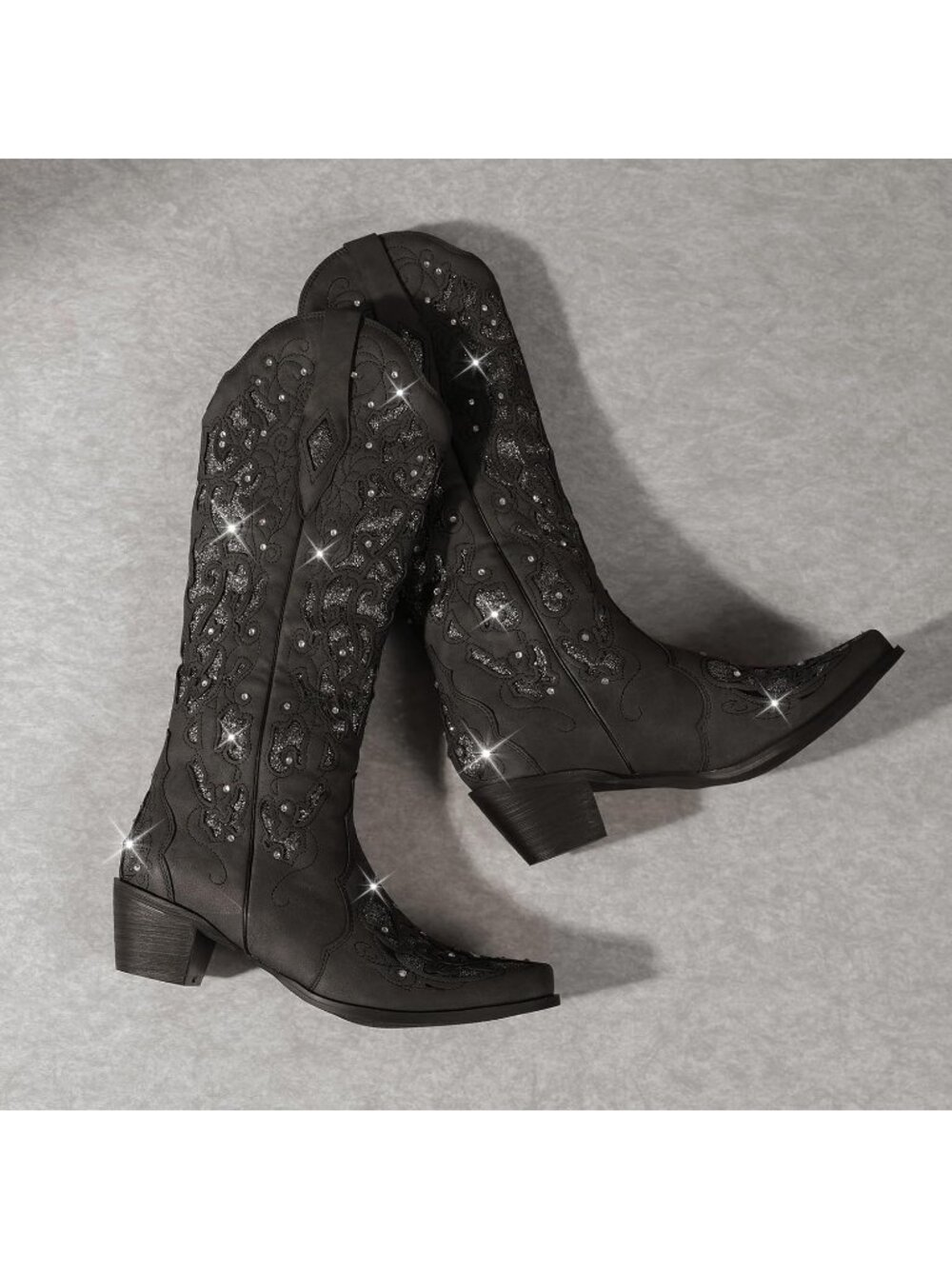 Women's Black Mid Calf Cowgirl Boot Rhinestone Comfortable Chunky Heel Western - Picture 4 of 5